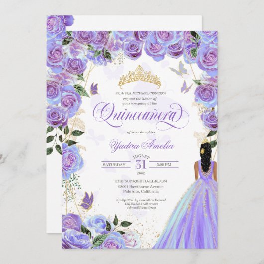 Quinceanera Lavender Lila Elegante Butterfly Einladung (Vorne/Hinten)