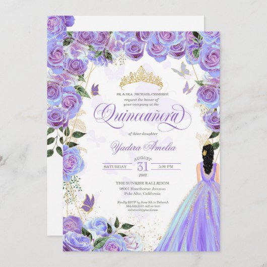 Quinceanera Lavender Lila Elegante Butterfly Inv Einladung (Vorne/Hinten)