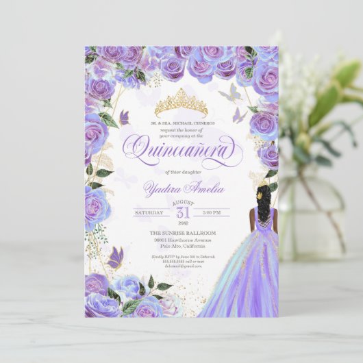Quinceanera Lavender Lila Elegante Butterfly Inv Einladung (Stehend Vorderseite)
