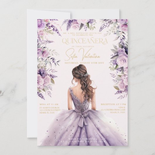 Quinceañera Lavender Lila Lilac Floral Gown Gold Einladung (Vorderseite)