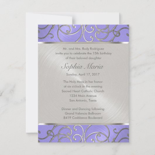 Quinceanera Lavender Lila Silver Filigree Wirbel Einladung (Vorderseite)
