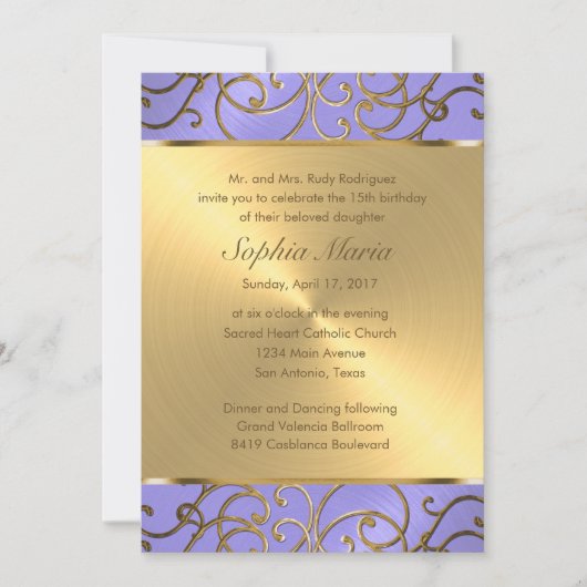 Quinceanera Lavender Lila und Gold Filigree Einladung (Vorderseite)