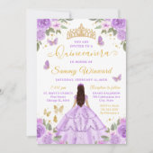 Quinceañera Light Purple Princess Brunette Girl Einladung (Vorderseite)