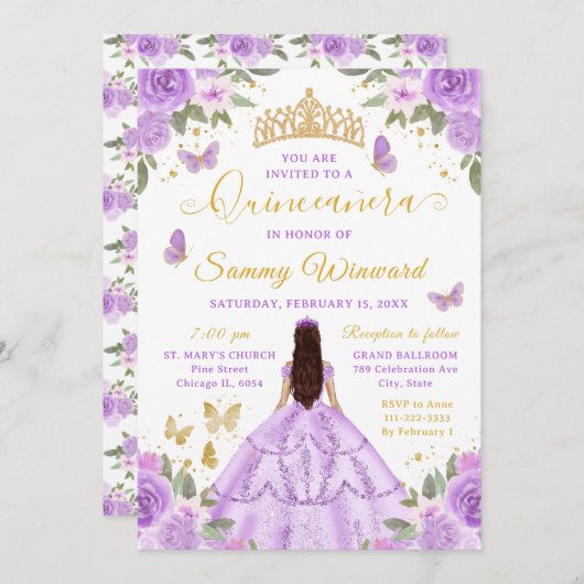 Quinceañera Light Purple Princess Brunette Girl Einladung (Vorne/Hinten)