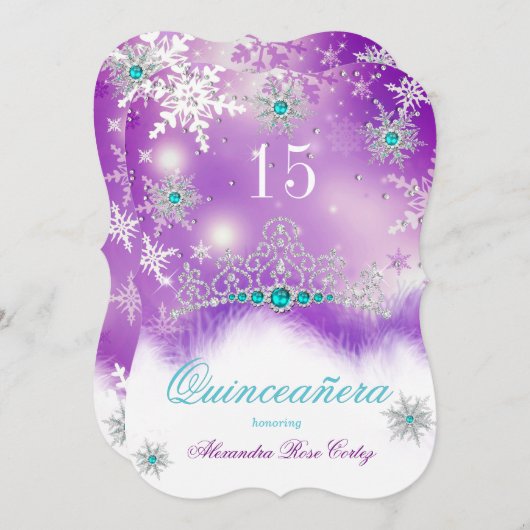 Quinceanera Lila Aquamarin Blue Pearl Snowflake Einladung (Vorne/Hinten)