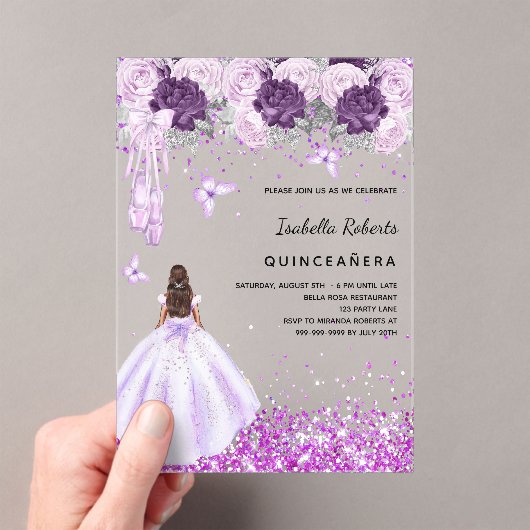 Quinceanera lila Ballerina Kleidung Blumen klar Acryleinladungen (Insitu (Handheld))