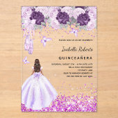 Quinceanera lila Ballerina Kleidung Blumen klar Acryleinladungen (Vorderseite)