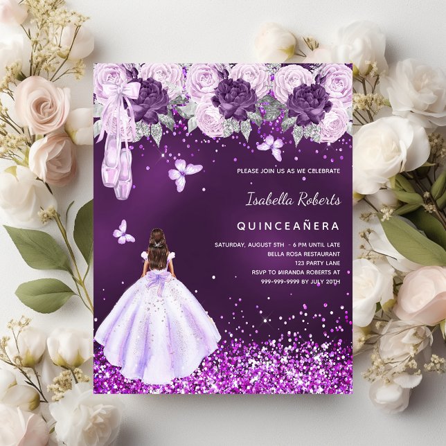 Quinceanera lila Ballerina Kleidung Rose Einladung (Von Creator hochgeladen)