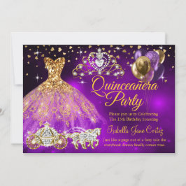 Quinceanera Lila Balloons Dress Tiara Carriage Einladung