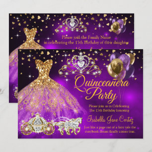 Quinceanera Lila Balloons Dress Tiara Carriage Einladung