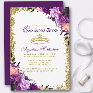 Quinceanera Lila Blumenkronen Glitzer Einladung