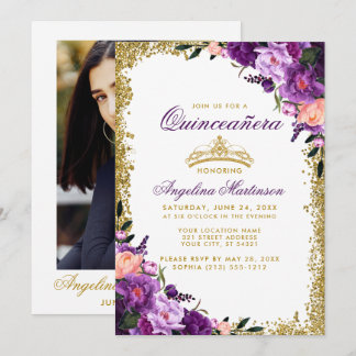 Quinceanera Lila Blumenkronen Glitzer Foto Zurück Einladung