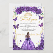 Quinceañera Lila Blumenprinzessin Butterfliegen Dankeskarte (Vorderseite)