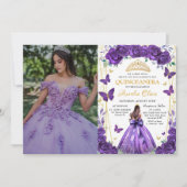 Quinceañera Lila Blumenprinzessin Butterfliegen Einladung (Vorderseite)