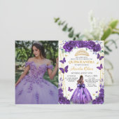 Quinceañera Lila Blumenprinzessin Butterfliegen Einladung (Stehend Vorderseite)