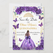 Quinceañera Lila Blumenprinzessin Butterfliegen Save The Date (Vorderseite)