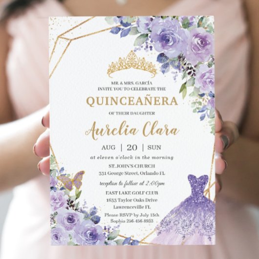 Quinceañera Lila Blumenprinzessin Gown Tiara Invi Einladung