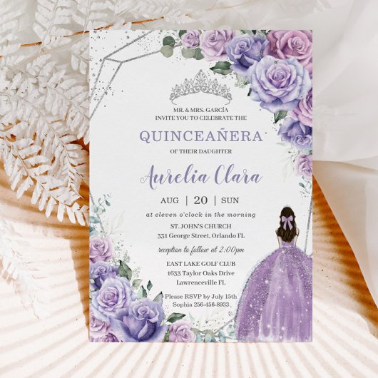 Quinceañera Lila BlumenPrinzessin Silver Birthday Einladung