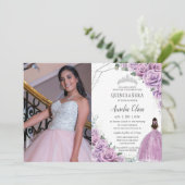 Quinceañera Lila BlumenPrinzessin Silver Birthday Einladung (Stehend Vorderseite)