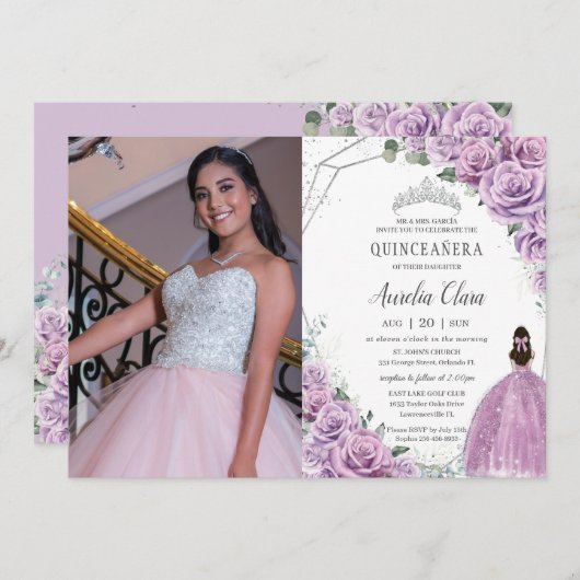 Quinceañera Lila BlumenPrinzessin Silver Birthday Einladung (Vorne/Hinten)