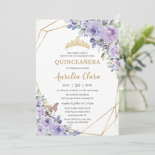 Quinceañera Lila Blütenprinzessin Crosstollen Einladung (Stehend Vorderseite)