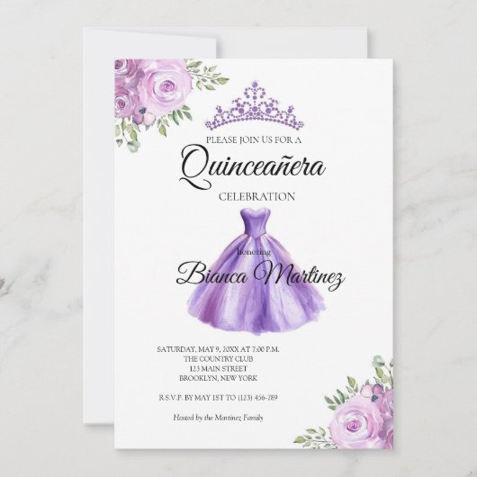 Quinceanera Lila Dress Mis Quince Einladung (Vorderseite)