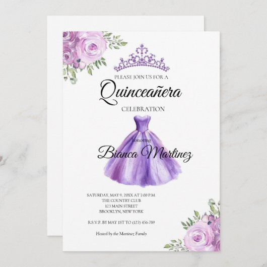 Quinceanera Lila Dress Mis Quince Einladung (Vorne/Hinten)