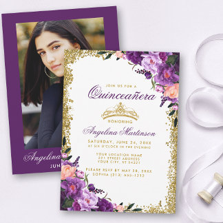 Quinceanera Lila Floral Gold Crown Glitzer Foto Einladung