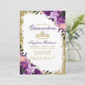 Quinceanera Lila Floral Gold Crown Glitzer Foto Einladung (Stehend Vorderseite)