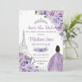 Quinceañera Lila Floral Paris Eiffel Brown Girl Save The Date (Stehend Vorderseite)