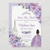 Quinceañera Lila Floral Paris Eiffel Brown Girl Save The Date (Vorne/Hinten)