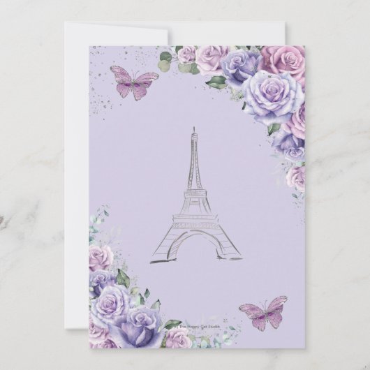 Quinceañera Lila Floral Paris Eiffel Butterfliegen Save The Date (Rückseite)