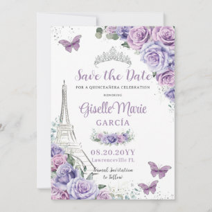 Quinceañera Lila Floral Paris Eiffel Butterfliegen Save The Date