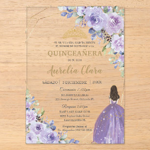 Quinceañera Lila Floral Prinzessin Spanisch Acryleinladungen