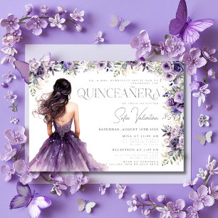 Quinceañera Lila Floral Silbernes Kleid Einladung