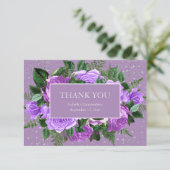 Quinceañera Lila Floral Silver Glitzer Vielen Dank Dankeskarte (Stehend Vorderseite)