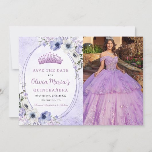 Quinceañera Lila Floral Tiara Butterflies Foto Save The Date (Vorderseite)