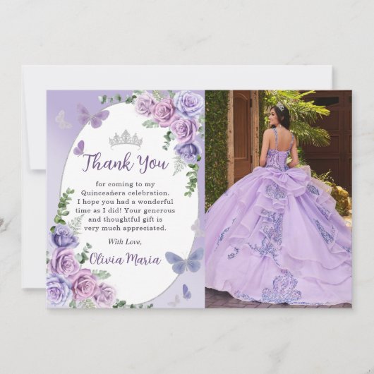 Quinceañera Lila Floral Tiara Dankeschön Karte (Vorderseite)