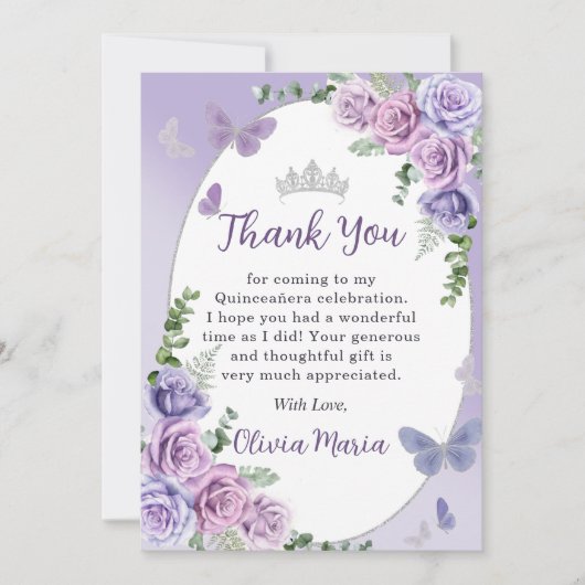 Quinceañera Lila Floral Tiara Dankeschön Karte (Vorderseite)