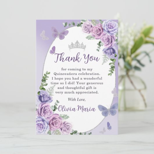 Quinceañera Lila Floral Tiara Dankeschön Karte (Stehend Vorderseite)