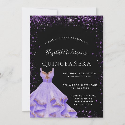 Quinceanera lila Glitzer Einladung (Vorderseite)