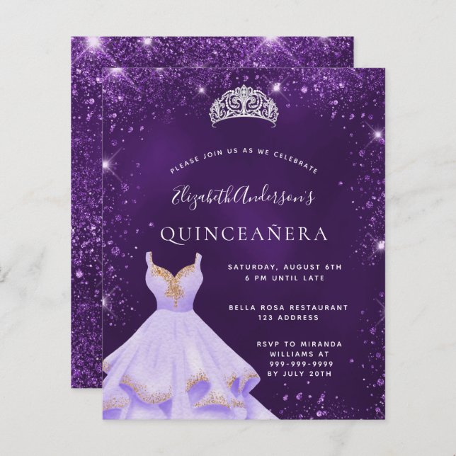 Quinceanera lila Glitzer Kleid Tiara Einladung (Vorne/Hinten)