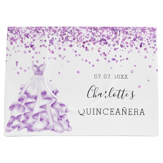 Quinceanera lila Glitzer Staubkleid Name Große Geschenktüte (Vorderseite)