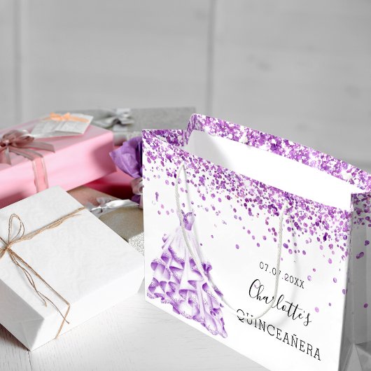 Quinceanera lila Glitzer Staubkleid Name Große Geschenktüte