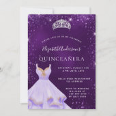 Quinceanera lila Glitzer Staubkleid Tiara Einladung (Vorderseite)