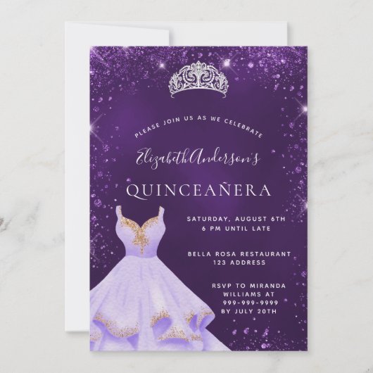 Quinceanera lila Glitzer Staubkleid Tiara Einladung (Vorderseite)