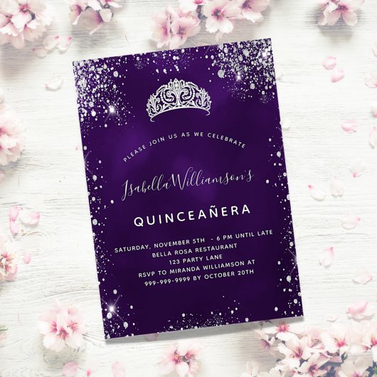 Quinceanera lila Glitzer Tiara Krone Einladungspostkarte