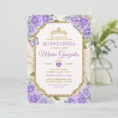 Quinceañera Lila & Gold Crown Mexican Butterfly Einladung (Stehend Vorderseite)