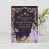 Quinceanera - Lila Gold Einladung (Stehend Vorderseite)