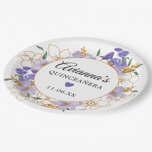 Quinceanera Lila Gold Floral Party Pappteller (Schrägansicht)